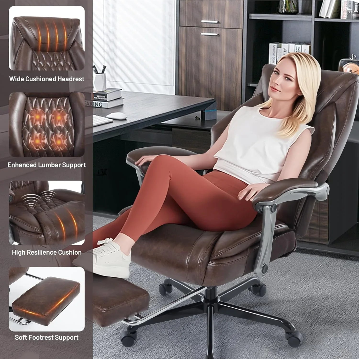 Fauteuil de bureau massant avec chauffage et repose-pieds Fauteuil de bureau ergonomique inclinable pour cadres