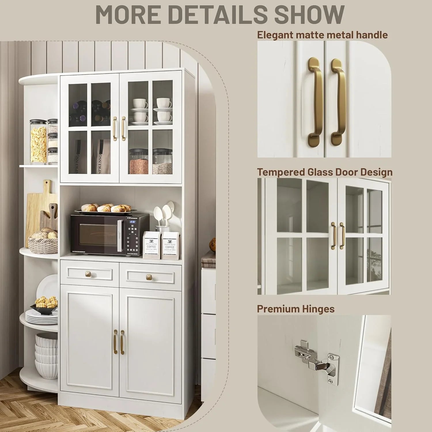 Armoire de garde-manger de 180 cm de haut avec portes vitrées