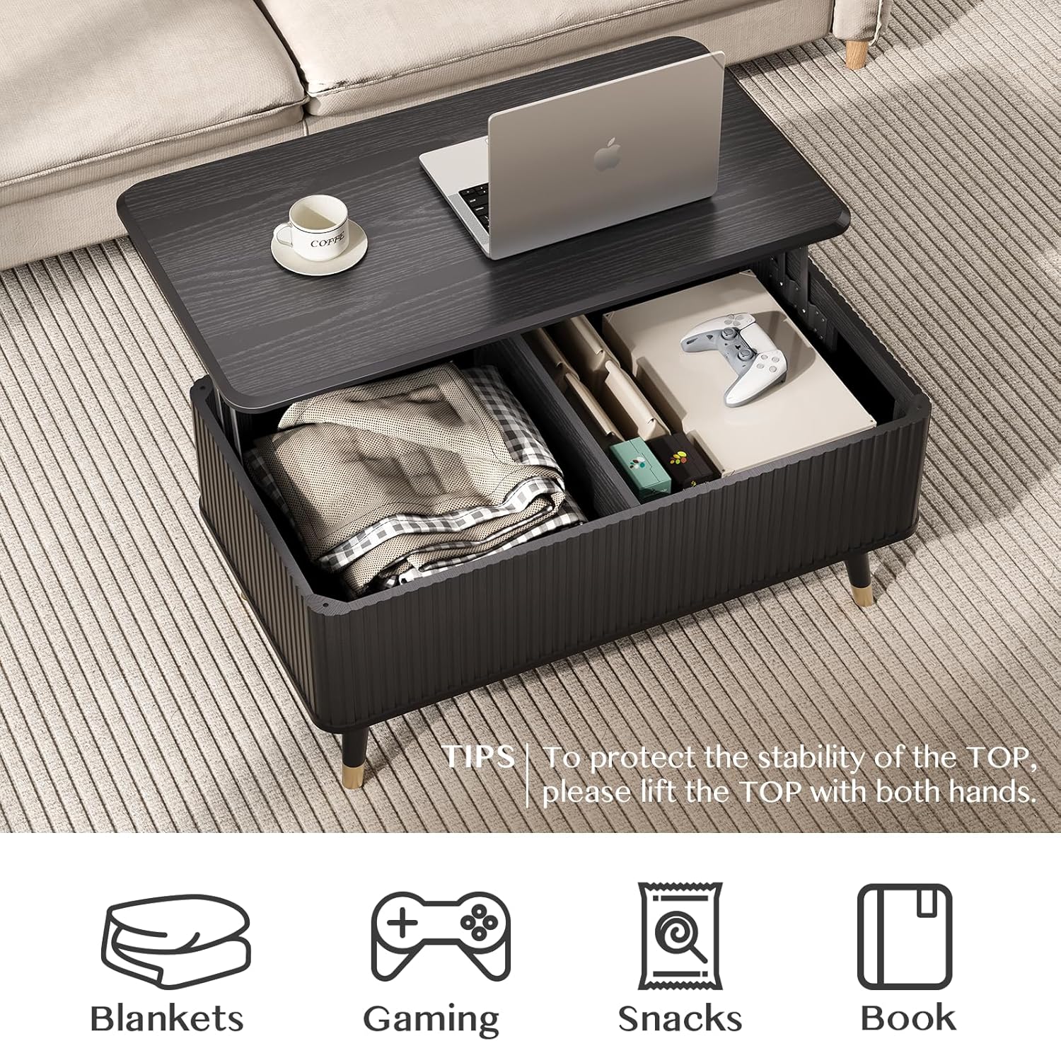 Table basse ronde avec rangement, table centrale encastrée avec portes coulissantes