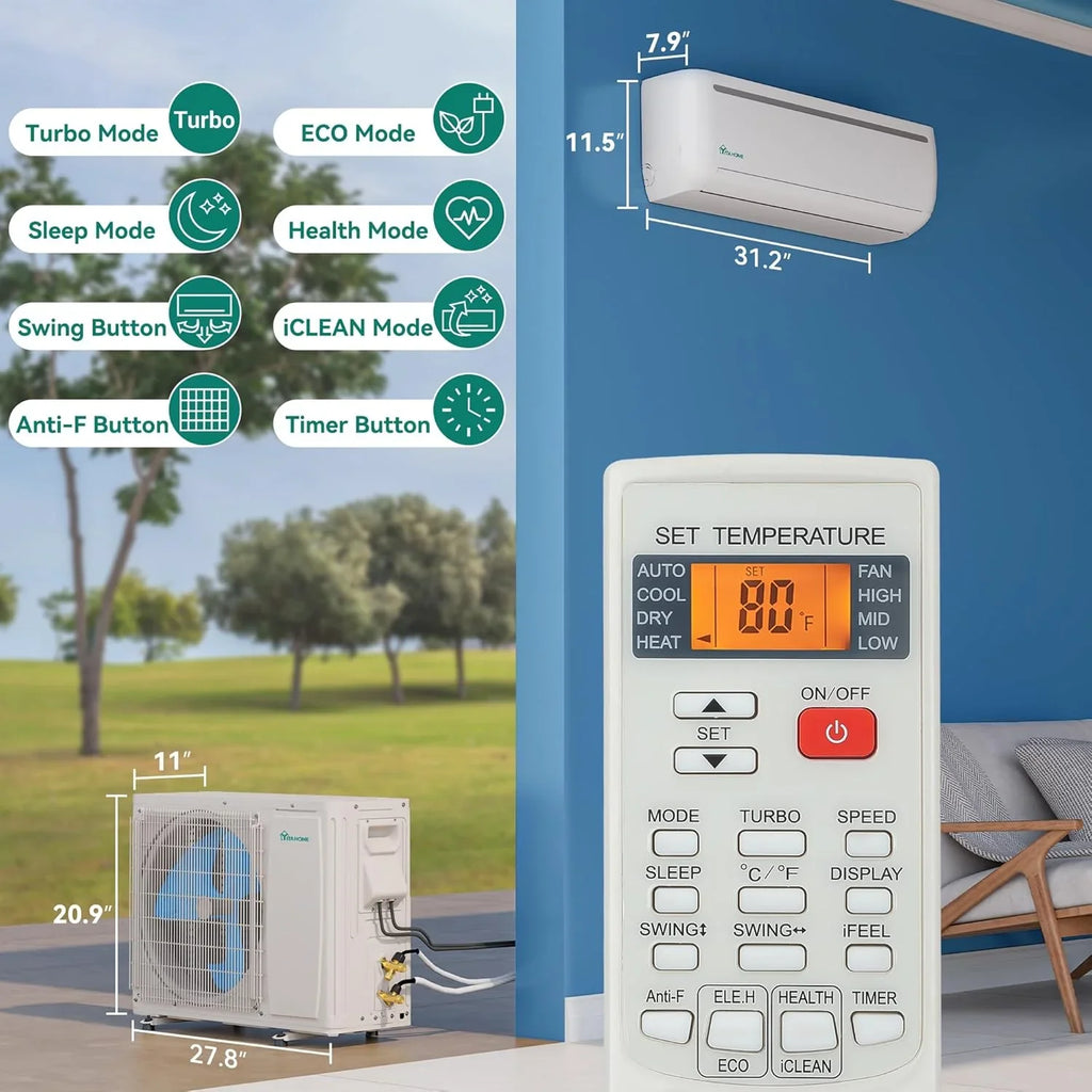 Climatiseur mini-split de 12 000 BTU avec pompe à chaleur, Wi-Fi, 20 SEER2, 115 V, sans conduit, refroidissement jusqu'à 750 pi².