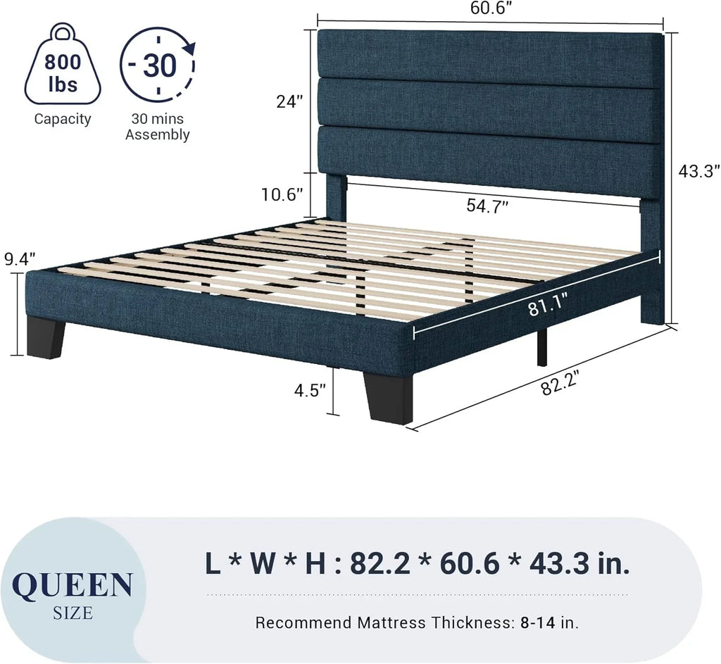 Cadre de lit plateforme Allewie Queen Size avec tête de lit rembourrée en tissu et support à lattes en bois, sommier entièrement rembourré (pas besoin de sommier)