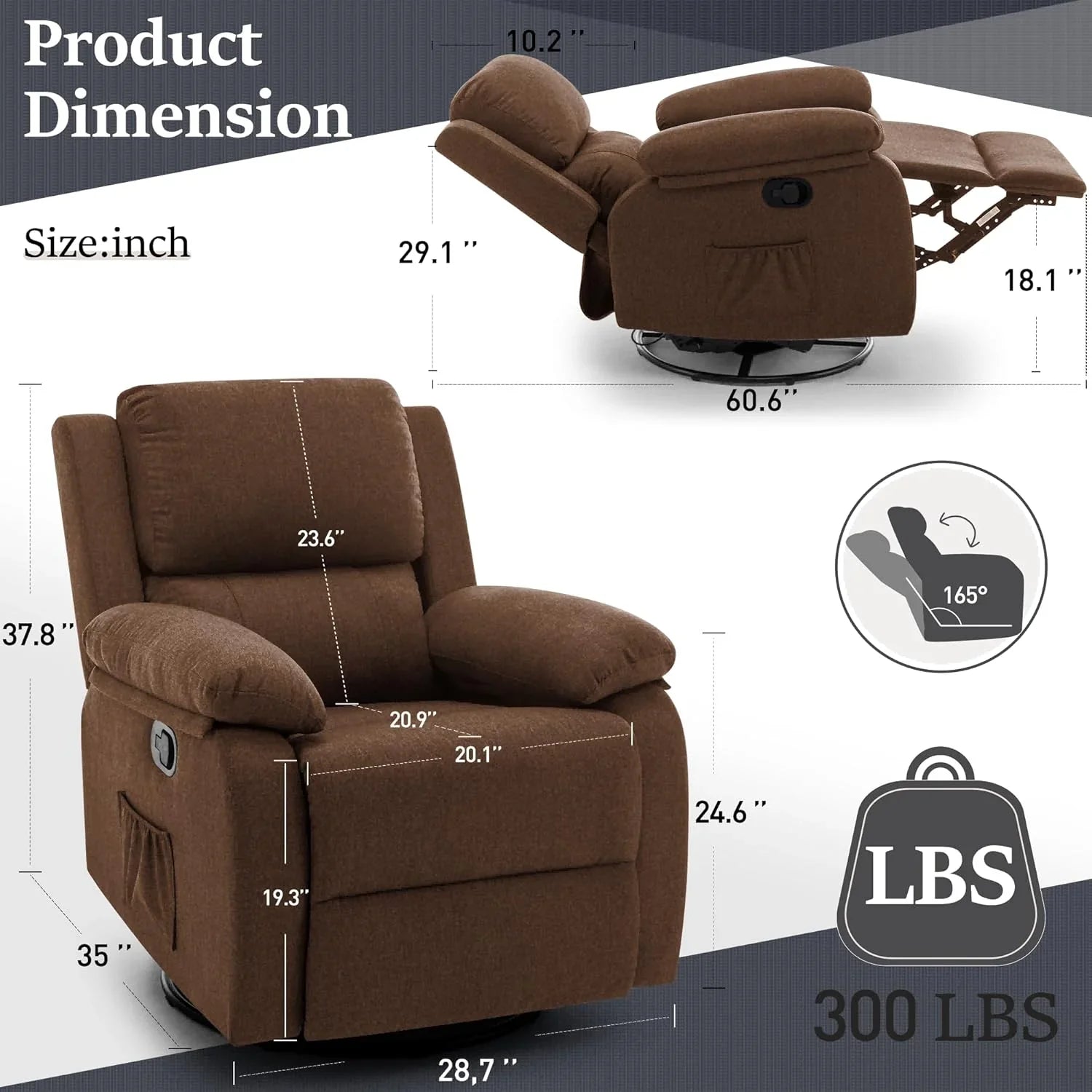 Fauteuil à bascule inclinable pivotant à 360 degrés en tissu coulissant