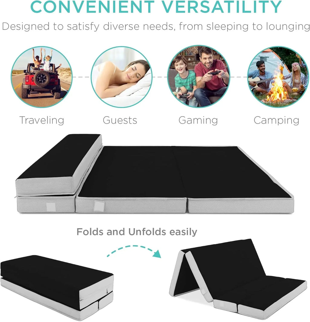 Matelas Queen Size portable de 4 pouces, matelas pliable en trois parties pour camping, invités et tout-petits