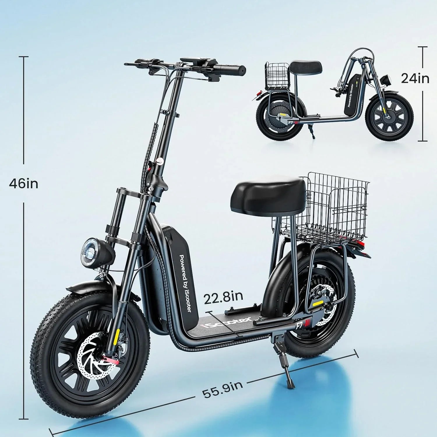 Trottinette électrique iScooter avec siège, autonomie de 60/34 km, vitesse de pointe de 45/39/25 km/h, double suspension avec panier
