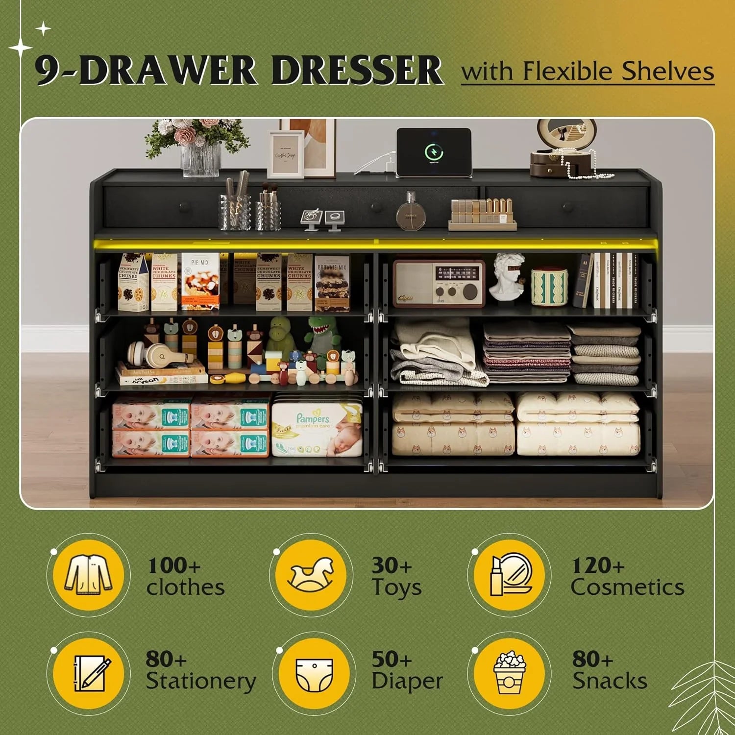 Commode LED à 9 tiroirs pour chambre à coucher, 148 cm de large, organiseur de rangement en bois avec prise électrique