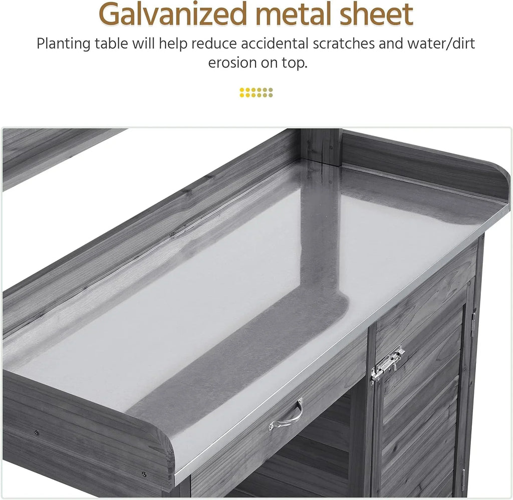 Yaheetech Banc de jardin extérieur avec plateau en métal et tiroir, étagère ouverte, bois naturel