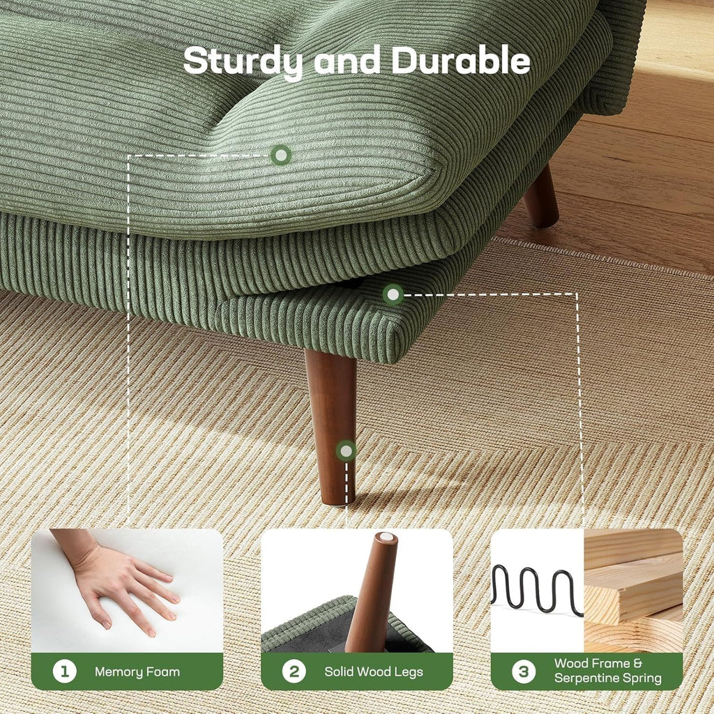 Canapé-lit futon, canapé futon avec dossier et accoudoirs réglables, convertible en petit canapé-lit causeuse en velours côtelé vert