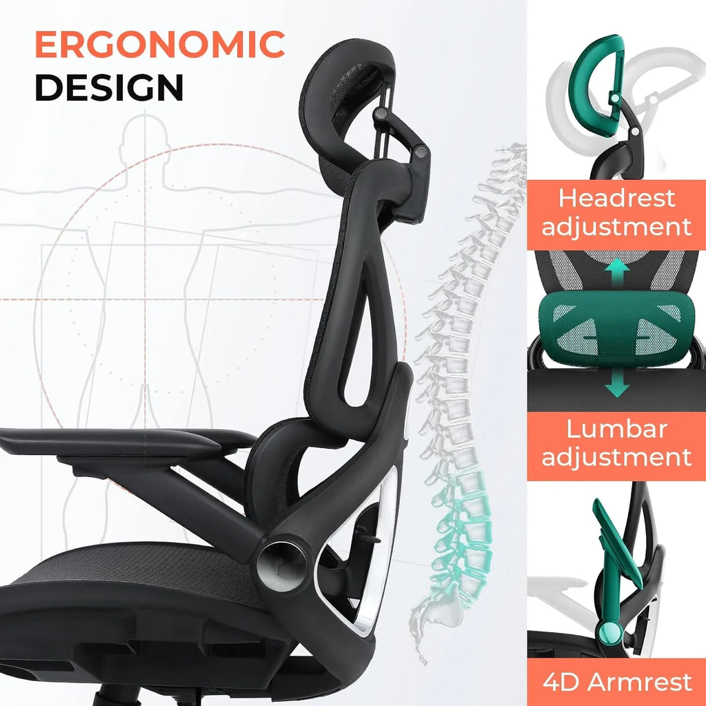 Chaise de bureau ergonomique en maille avec dossier haut réglable lombaire, capacité de charge de 400 lb