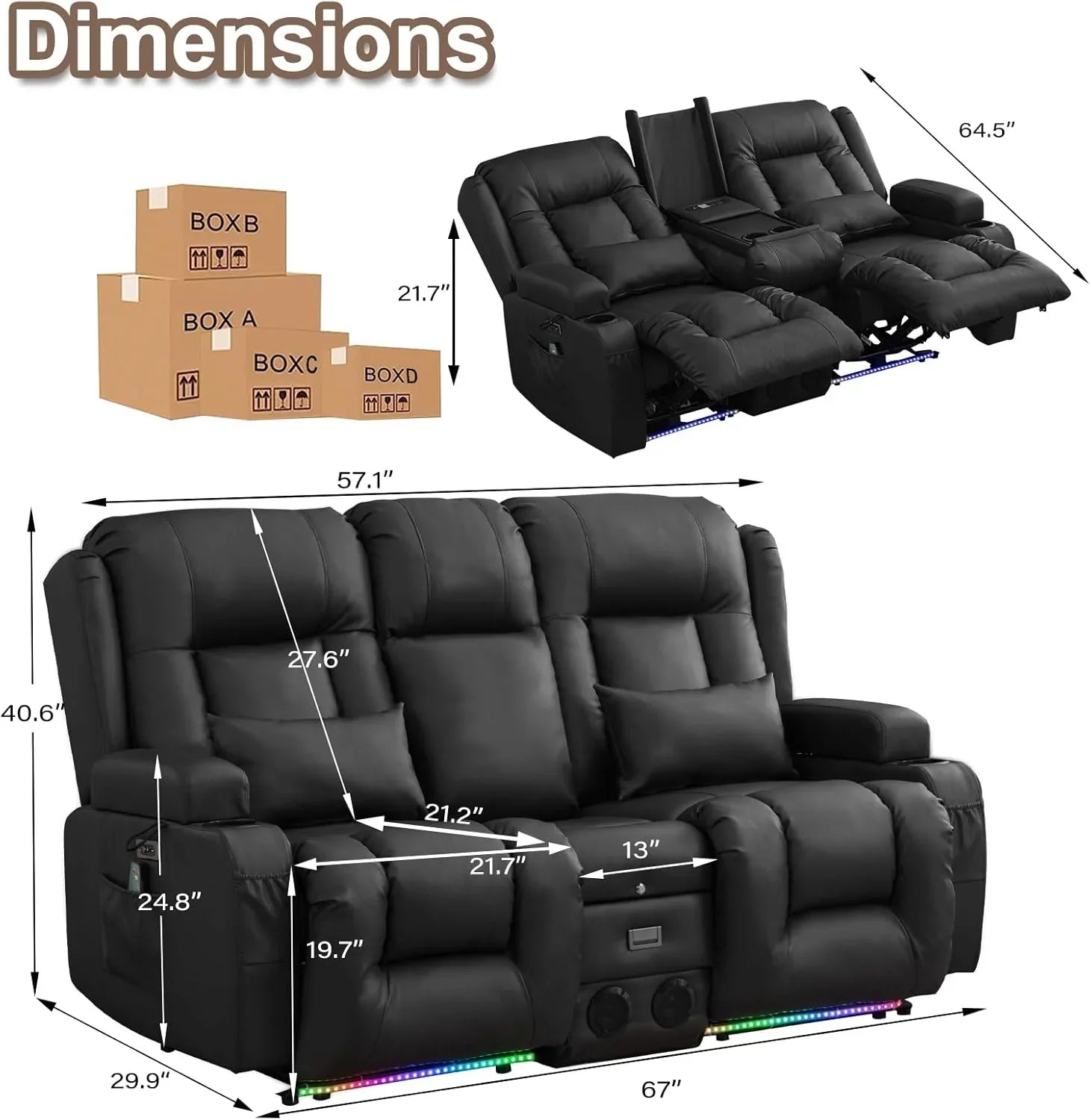Canapé inclinable électrique TUNYI avec fonctions massage et chauffage, siège home cinéma avec console, canapé inclinable électrique pour camping-car