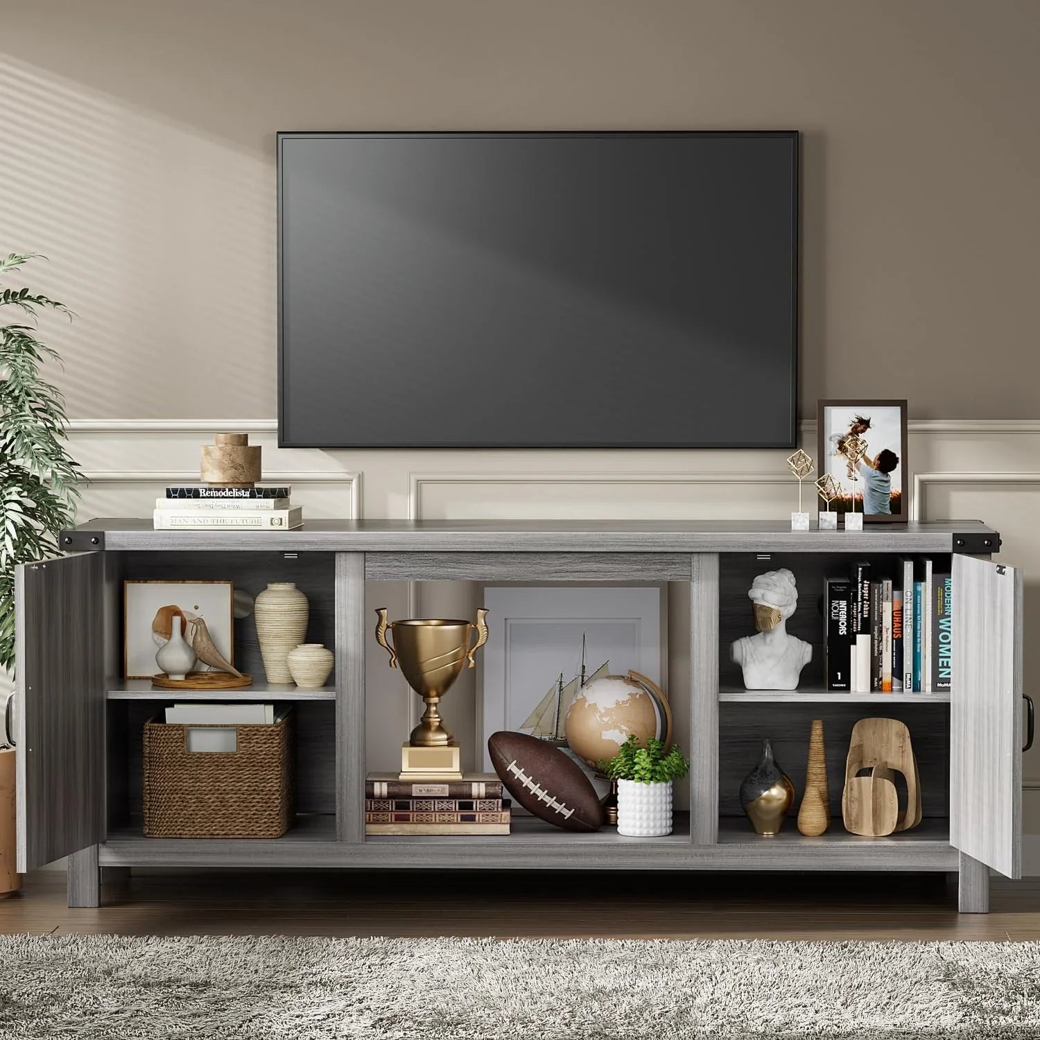 YESHOMY Meuble TV avec cheminée et deux portes de grange, armoires de rangement pour téléviseurs jusqu'à 65 pouces et plus, console de divertissement, meuble multimédia pour salon, 58 pouces
