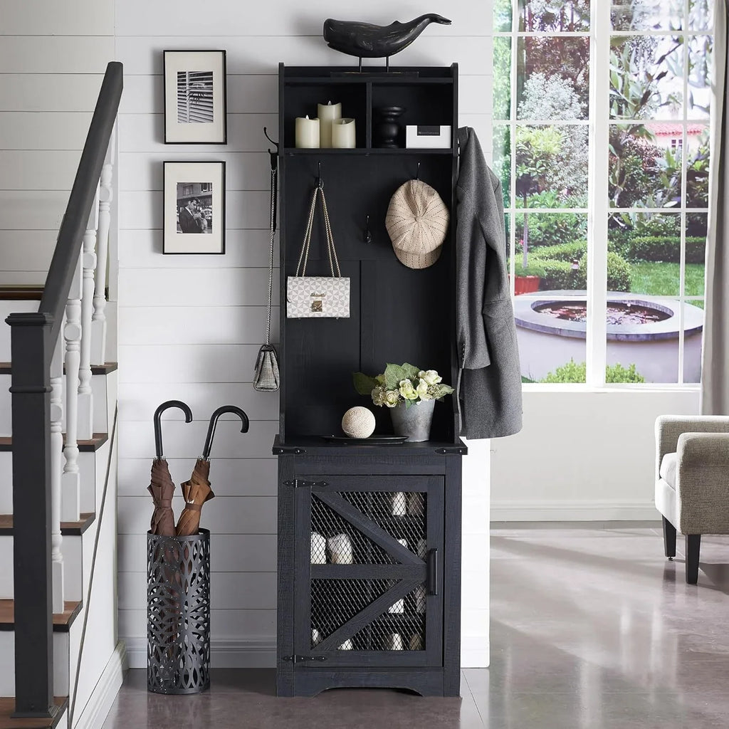 JXQTLINGMU Arbre de foyer de ferme de 59 pouces avec rangement pour chaussures, banc d'entrée, porte-manteau, armoire