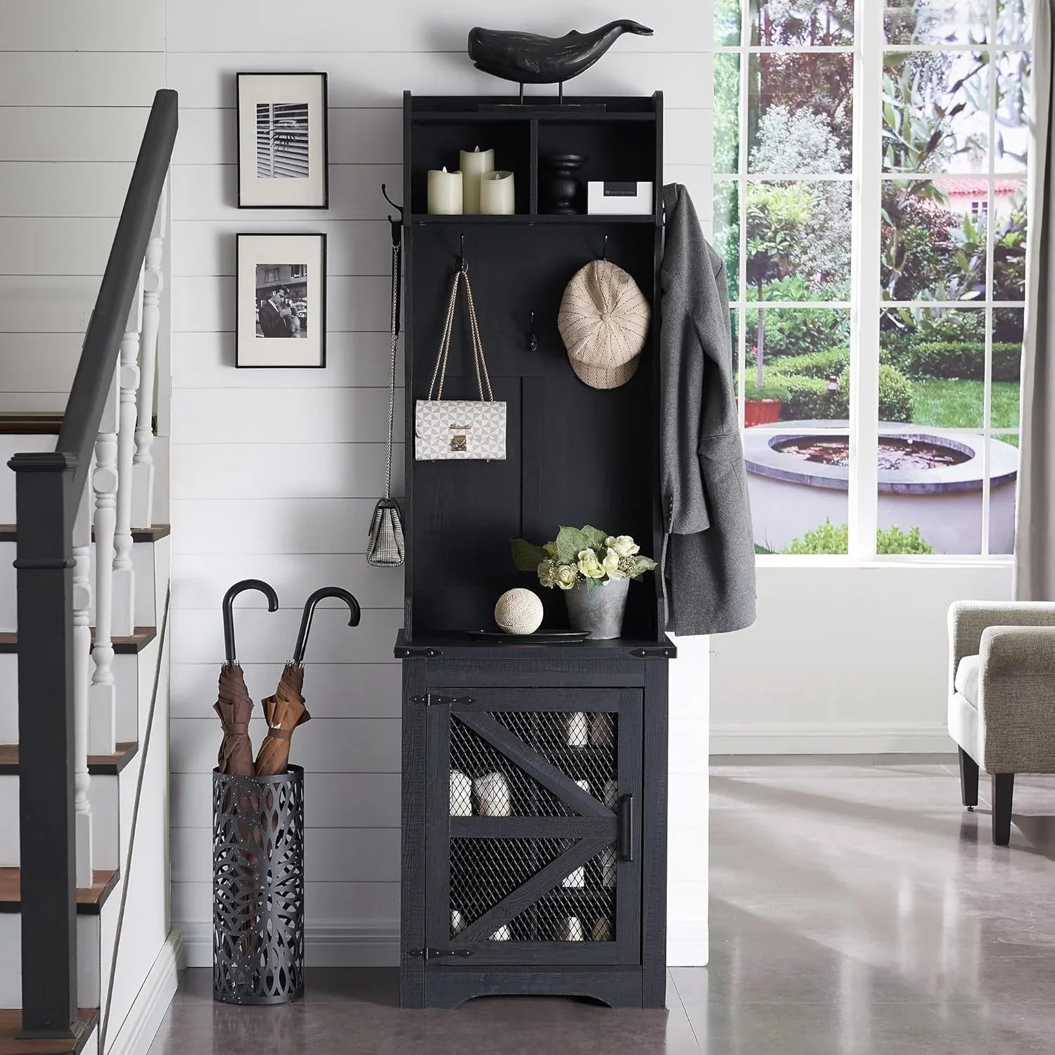 JXQTLINGMU Arbre de foyer de ferme de 59 pouces avec rangement pour chaussures, banc d'entrée, porte-manteau, armoire