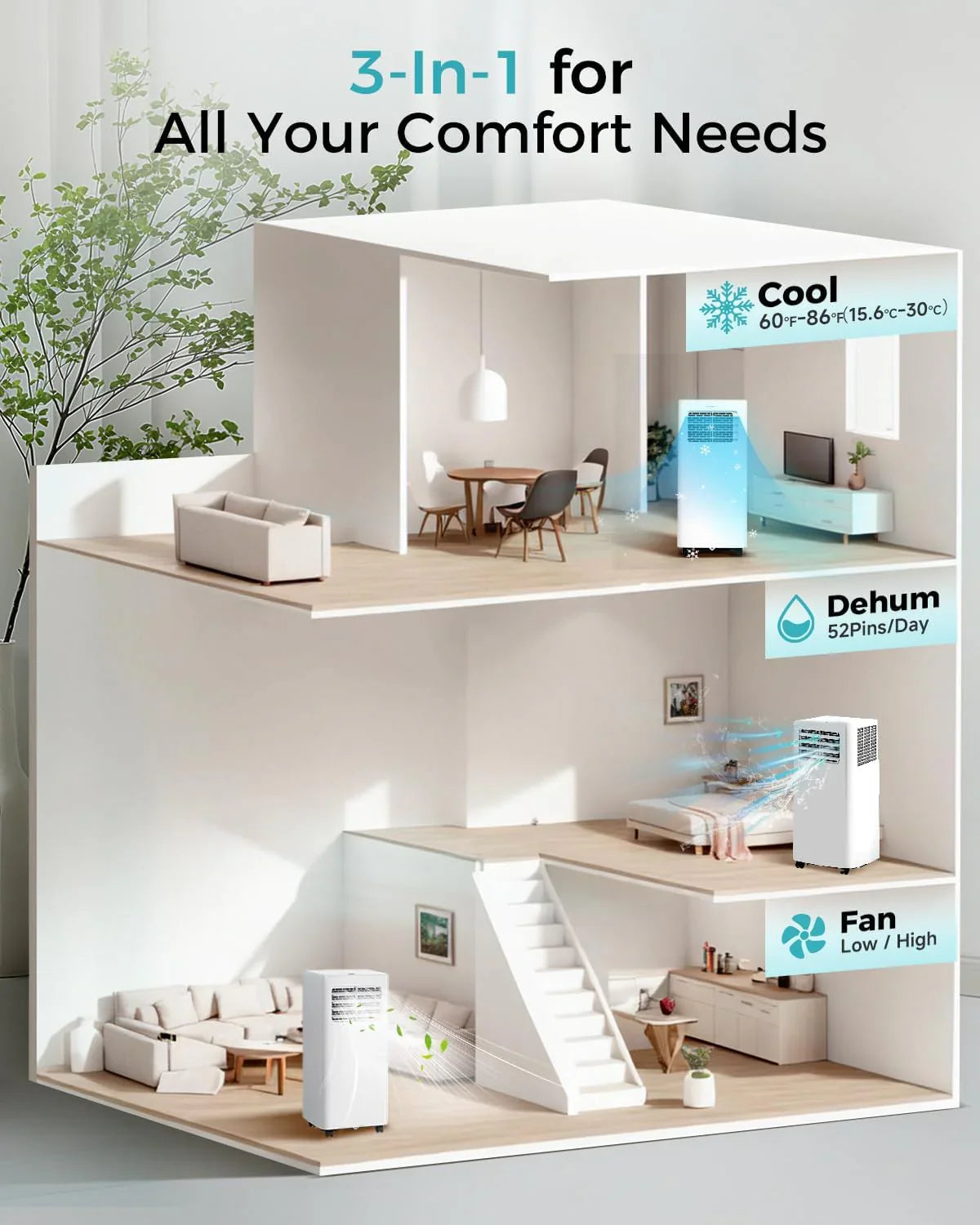 Climatiseur portatif 8 000 BTU - Unité de climatisation 3 en 1 avec télécommande, refroidissement ultra-silencieux pour pièces jusqu'à 350 pi², minuterie 24 h, mode veille