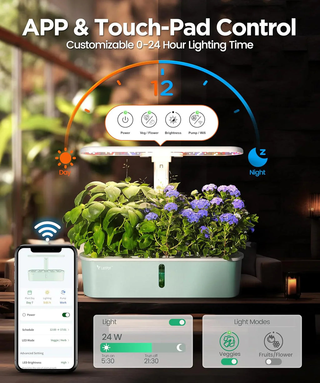 Kit de culture hydroponique, jardin d'intérieur intelligent contrôlé par application et Wi-Fi avec lampe de culture à spectre complet de 24 W
