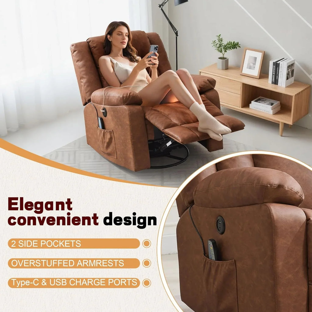 Fauteuil à bascule pour adulte, fauteuil inclinable coulissant, fauteuil à bascule rotatif à 360° avec fonction massage et chauffage
