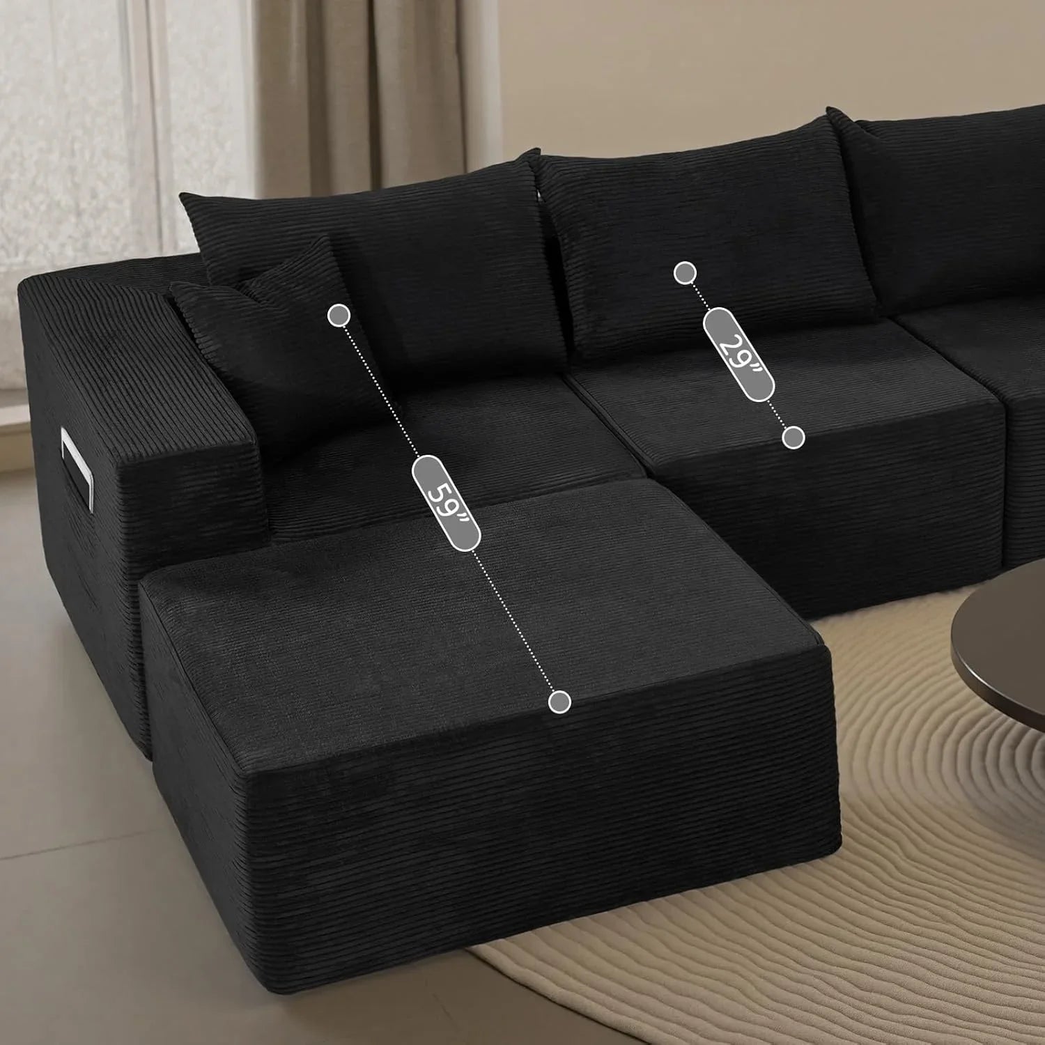 Cloud sofa with L-shaped lounge chair, modern modular sofa with deep seats