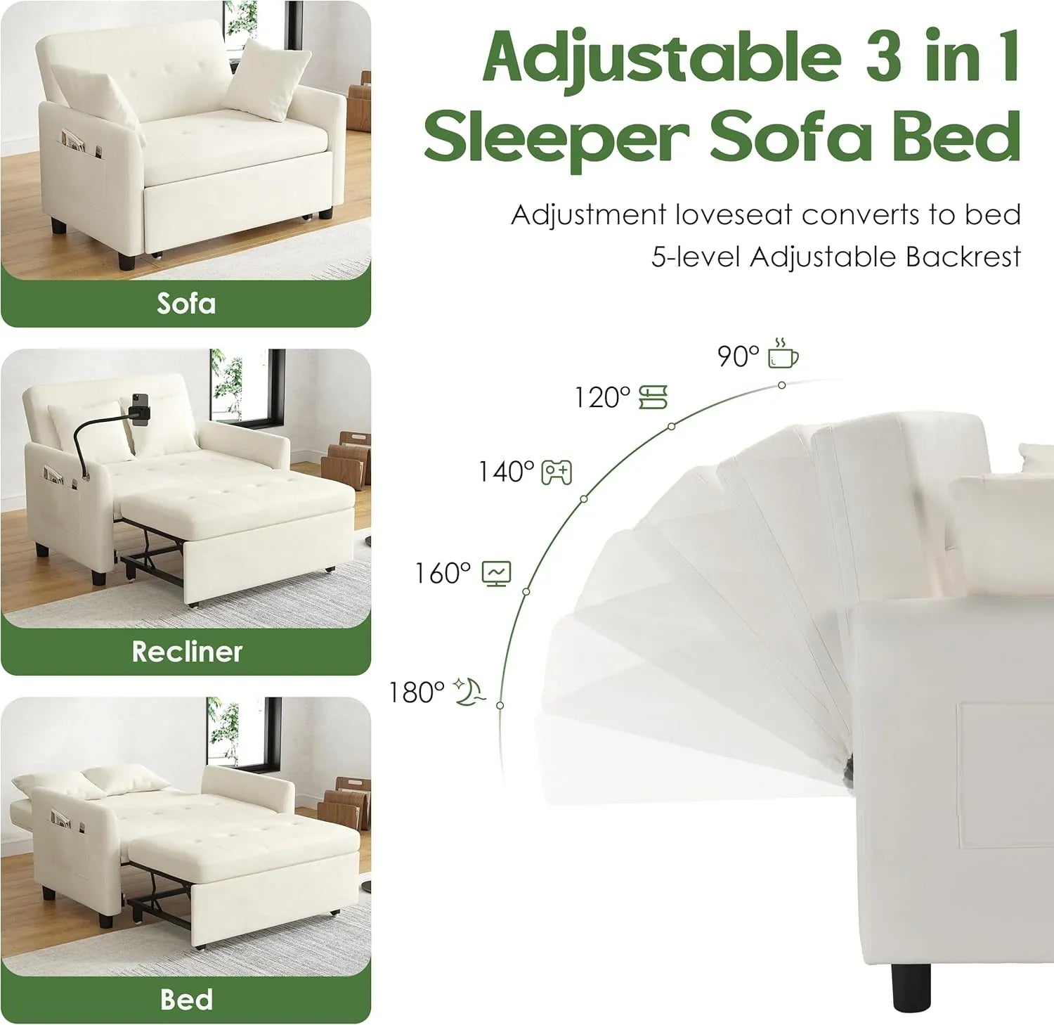 Canapé-lit convertible 3 en 1, convertible, gigogne, petit canapé causeuse, futon, pleine grandeur, causeuse en velours de 117 cm