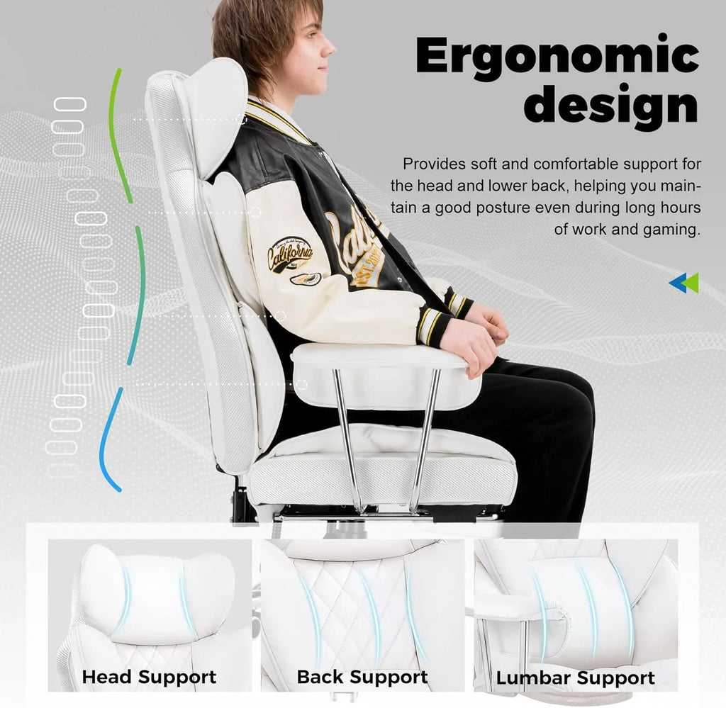 Grande chaise de bureau à dossier haut, chaise de jeu en cuir à dossier haut avec repose-pieds