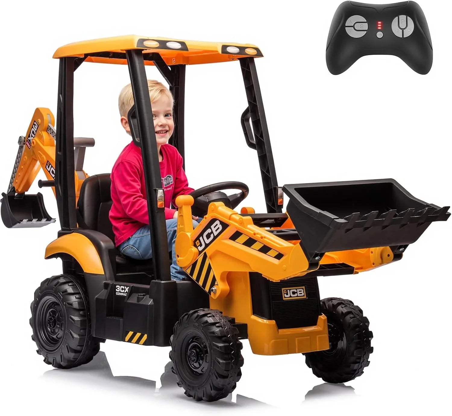 Pelleteuse autoportée JCB 12 V, jouet pour enfants de 4 à 8 ans, véhicule électrique pour enfants avec tracteur, bulldozer, bras de creusement et pelle rétrocaveuse.