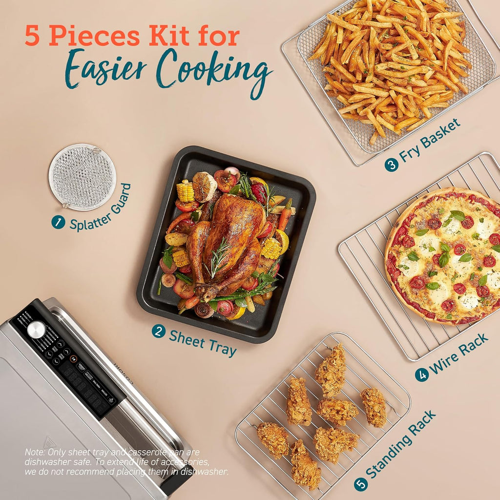 De COSORI 11-in-1 airfryer met een inhoud van 13 liter combineert grillen, roosteren, bakken en opwarmen. Inclusief recepten en 6 accessoires. 