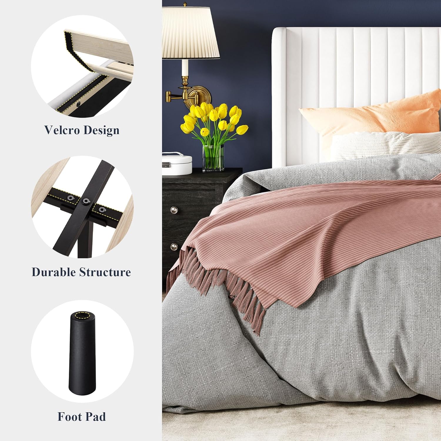 Cadre de lit Allewie en velours pleine grandeur/tête de lit capitonnée à oreilles verticales/lit plateforme rembourré/lattes en bois robustes