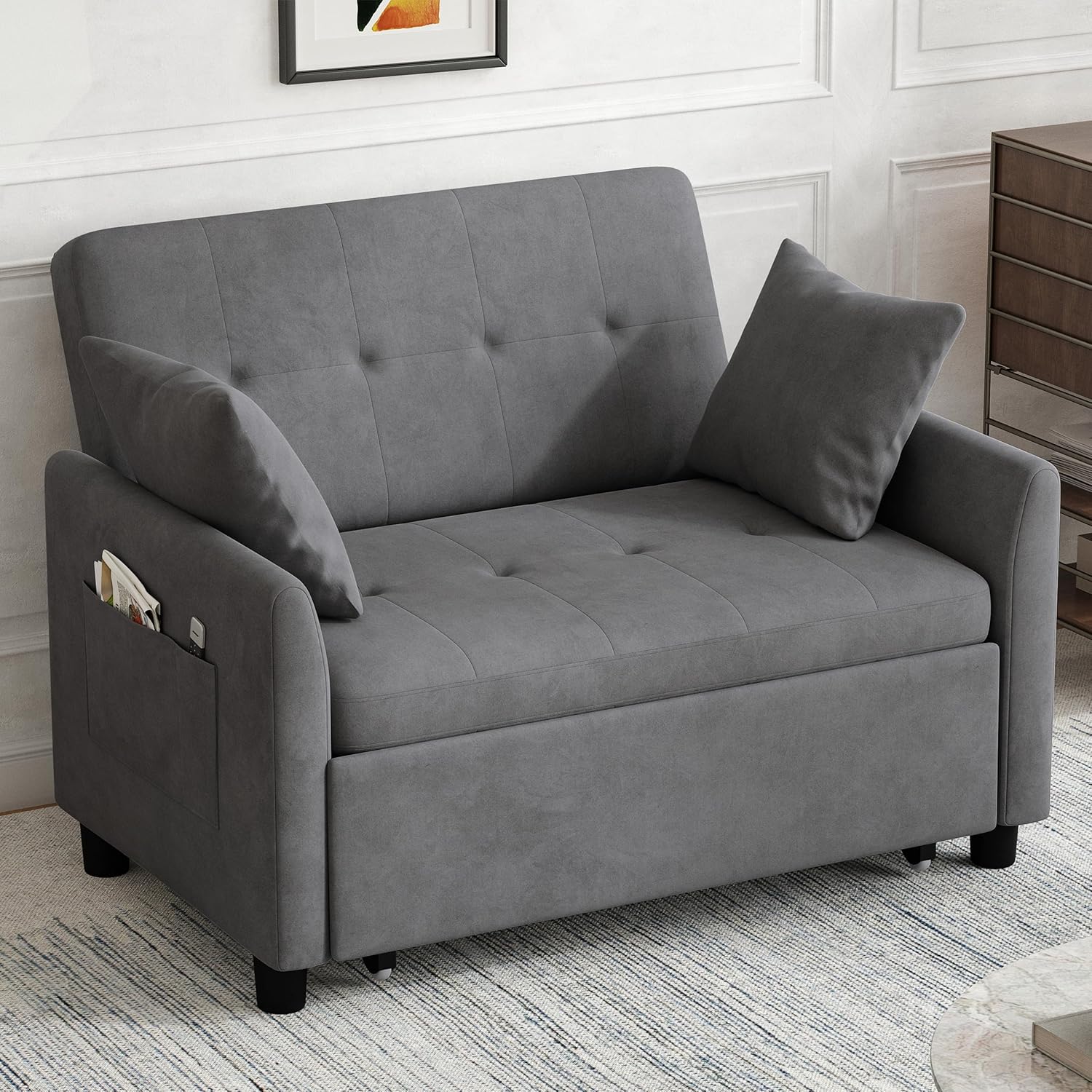 Canapé-lit convertible 3 en 1, convertible, gigogne, petit canapé causeuse, futon, pleine grandeur, causeuse en velours de 117 cm