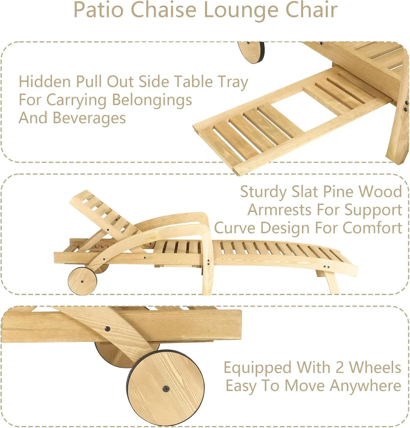 Chaise longue de piscine réglable à 5 positions Chaise longue en bois avec table d'appoint coulissante