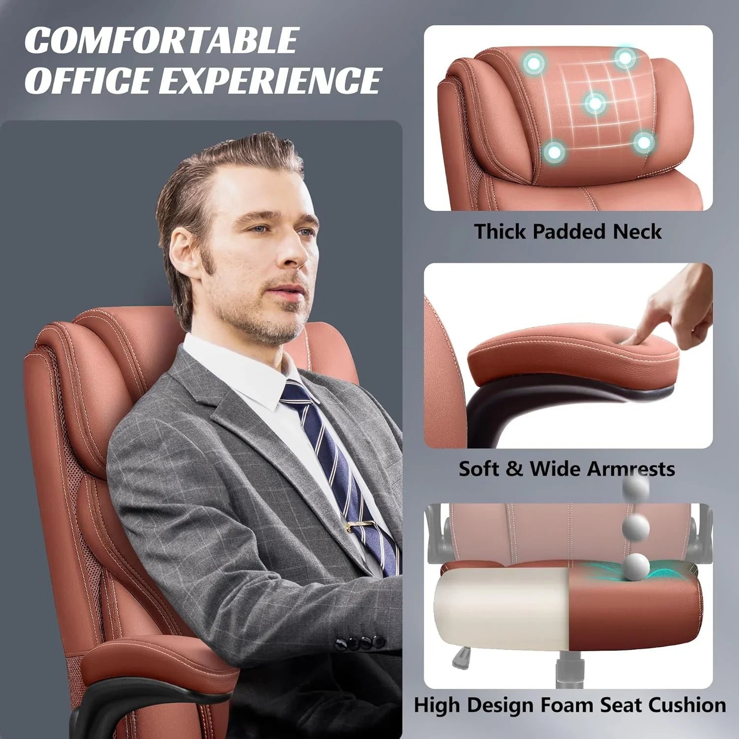 Chaise de bureau pivotante à pieds hauts, en cuir respirant, avec support lombaire