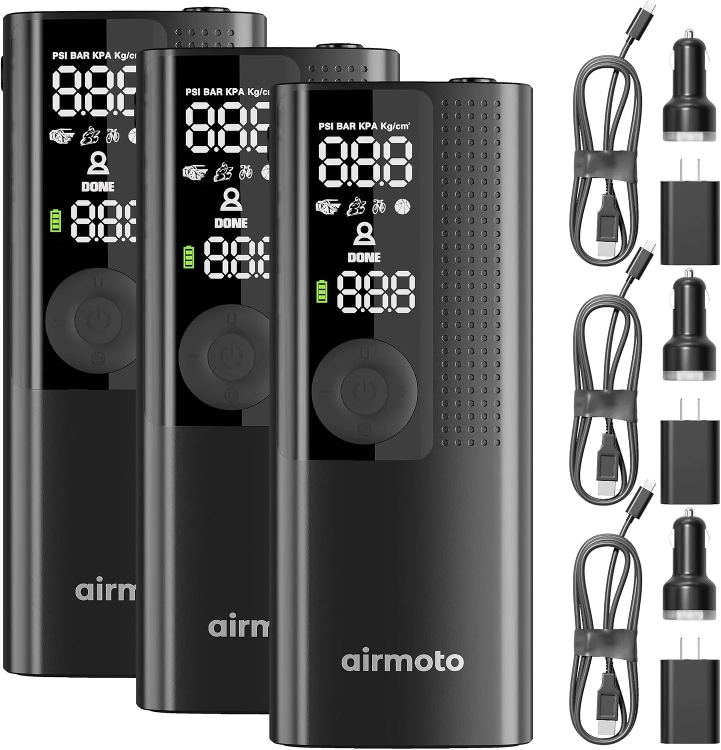 Offre groupée Power Kit - Pack de 2 - Compresseur d'air portable pour pneus avec kit d'alimentation pour recharge à domicile et en déplacement - Pompe à air sans fil pour pneus de voiture, motos et vélos