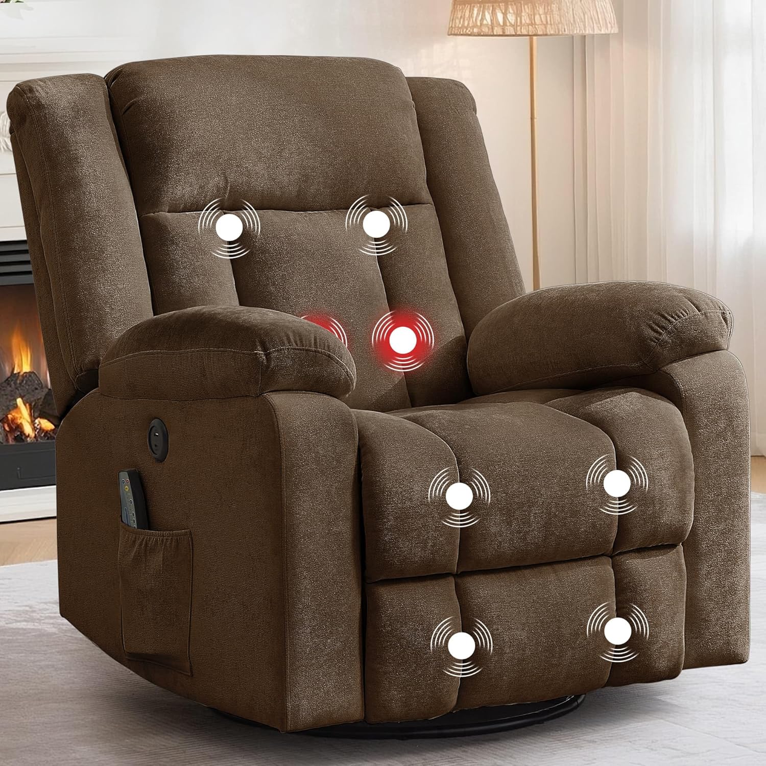 Fauteuil à bascule pour adulte, fauteuil inclinable coulissant, fauteuil à bascule rotatif à 360° avec fonction massage et chauffage