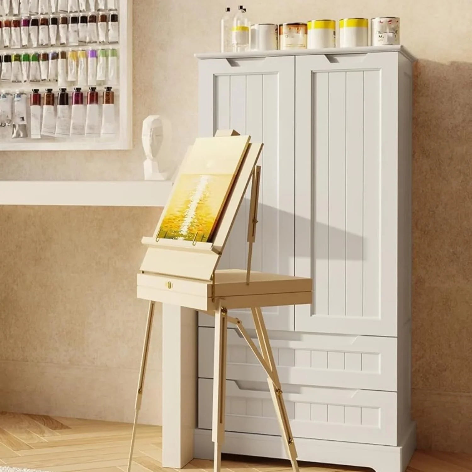 Armoire de rangement de cuisine Gizoon avec tiroirs, armoire de rangement de salle de bain autonome avec portes et étagères, petite armoire de garde-manger de 47 pouces