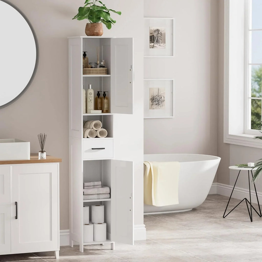 Meuble de rangement de salle de bain Homhedy de 67 po de hauteur avec 2 portes de grange et 1 tiroir