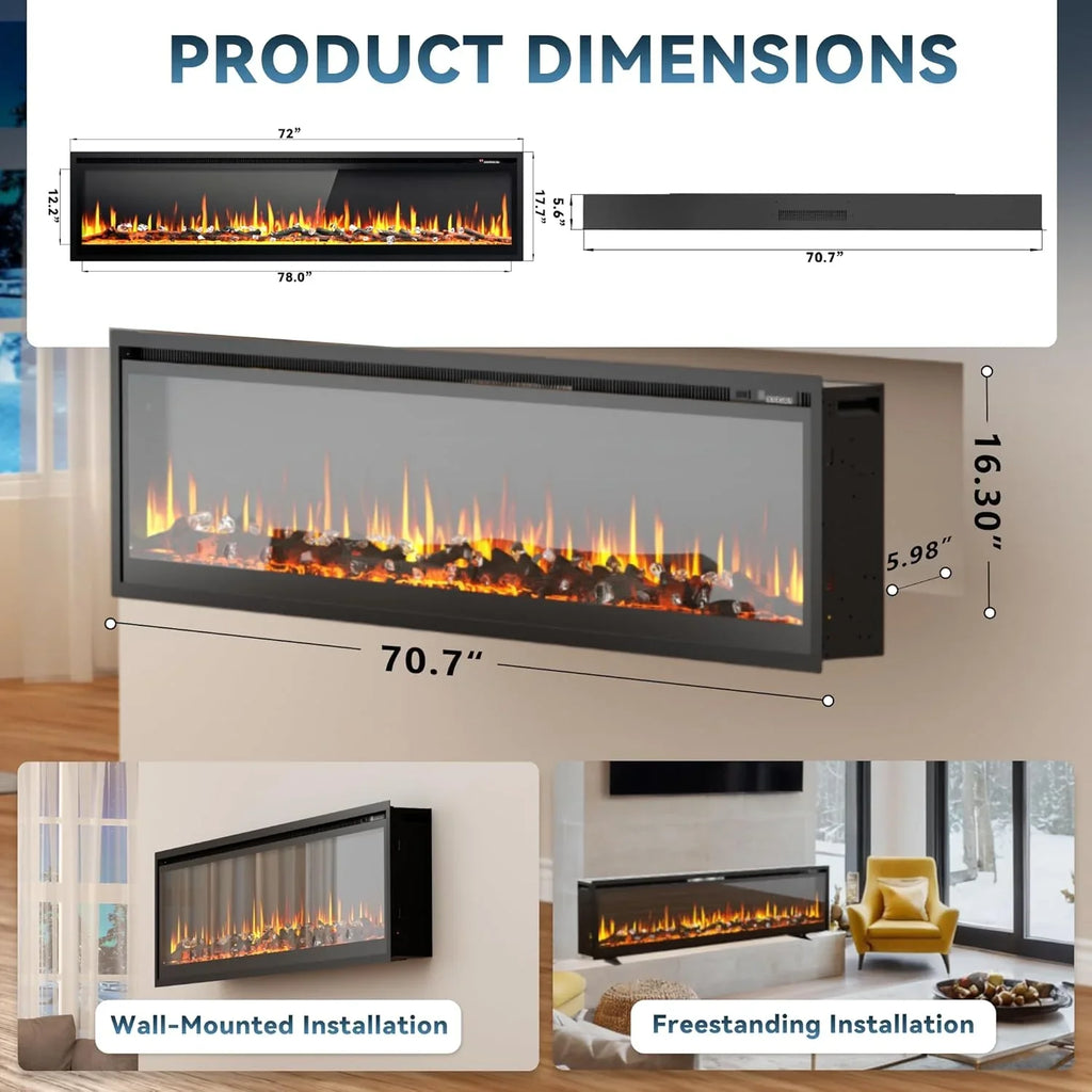 EUHOMY Cheminée électrique encastrée et murale de 50 pouces avec couleur de flamme réglable, chauffage de cheminée avec télécommande, cheminée linéaire avec minuterie, écran tactile, bûche et cristal, 750/1500 W