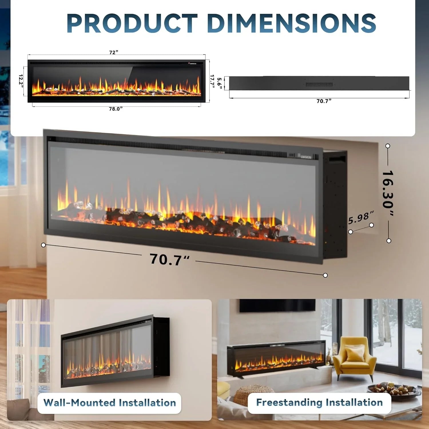 EUHOMY Cheminée électrique encastrée et murale de 50 pouces avec couleur de flamme réglable, chauffage de cheminée avec télécommande, cheminée linéaire avec minuterie, écran tactile, bûche et cristal, 750/1500 W