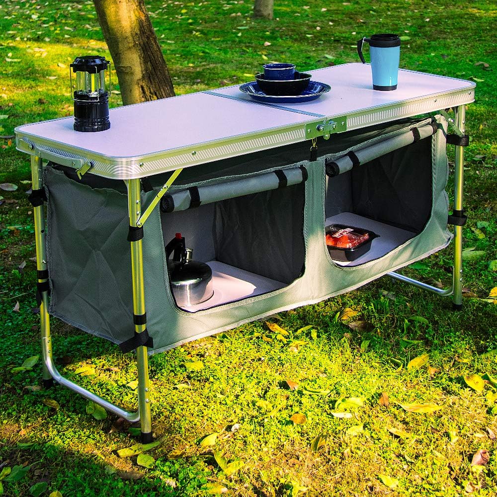 Table pliante d'extérieur en aluminium, légère, réglable en hauteur, avec rangement, pour barbecue, fête, camping