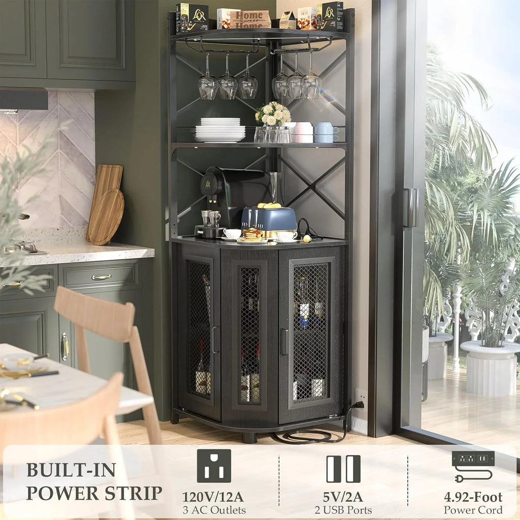 Meuble bar d'angle avec prise de courant, armoire à vin de style industriel avec bande lumineuse LED et support à verres, meuble bar à vin à cinq niveaux pour la maison, vitrine d'angle pour petit espace