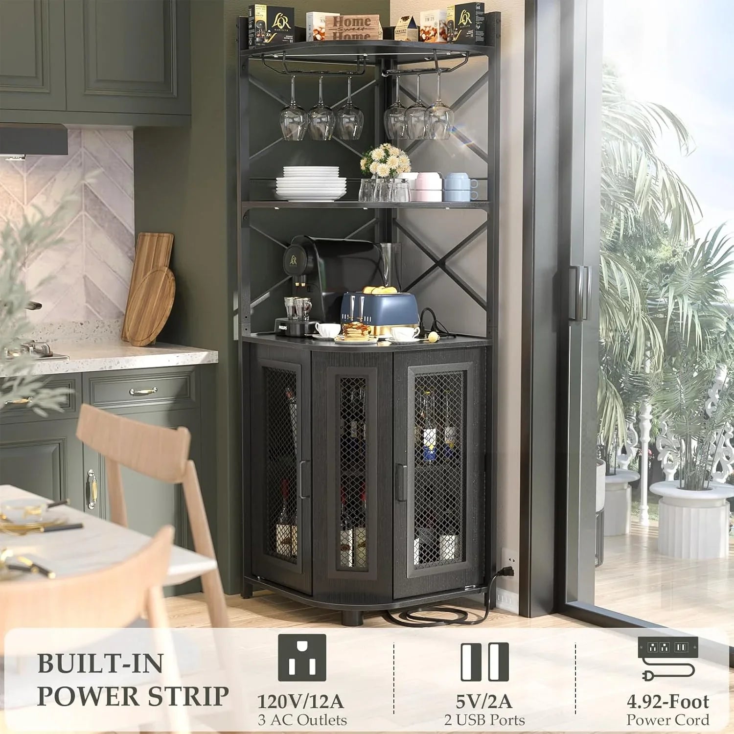 Meuble bar d'angle avec prise de courant, armoire à vin de style industriel avec bande lumineuse LED et support à verres, meuble bar à vin à cinq niveaux pour la maison, vitrine d'angle pour petit espace