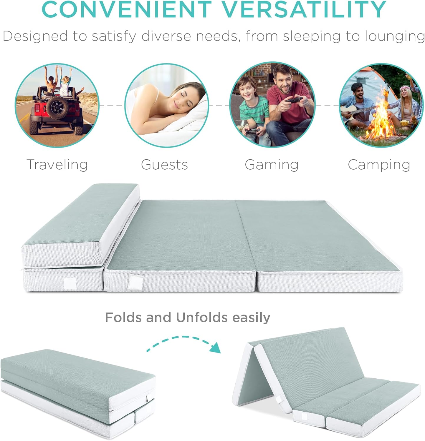 Matelas Queen Size portable de 4 pouces, matelas pliable en trois parties pour camping, invités et tout-petits