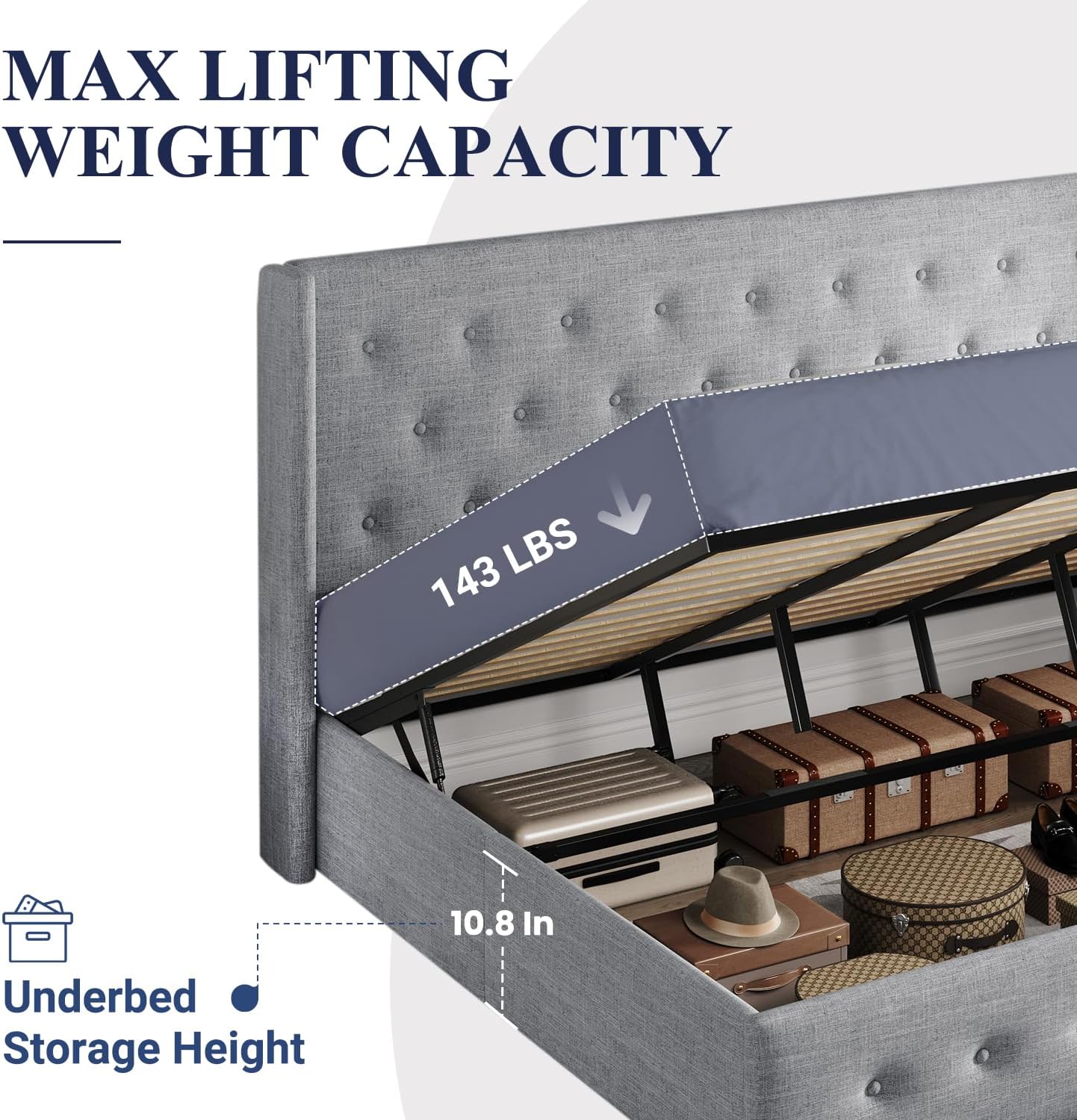 Lit queen-size relevable avec rangement Allewie, tête de lit à oreilles moderne et support hydraulique