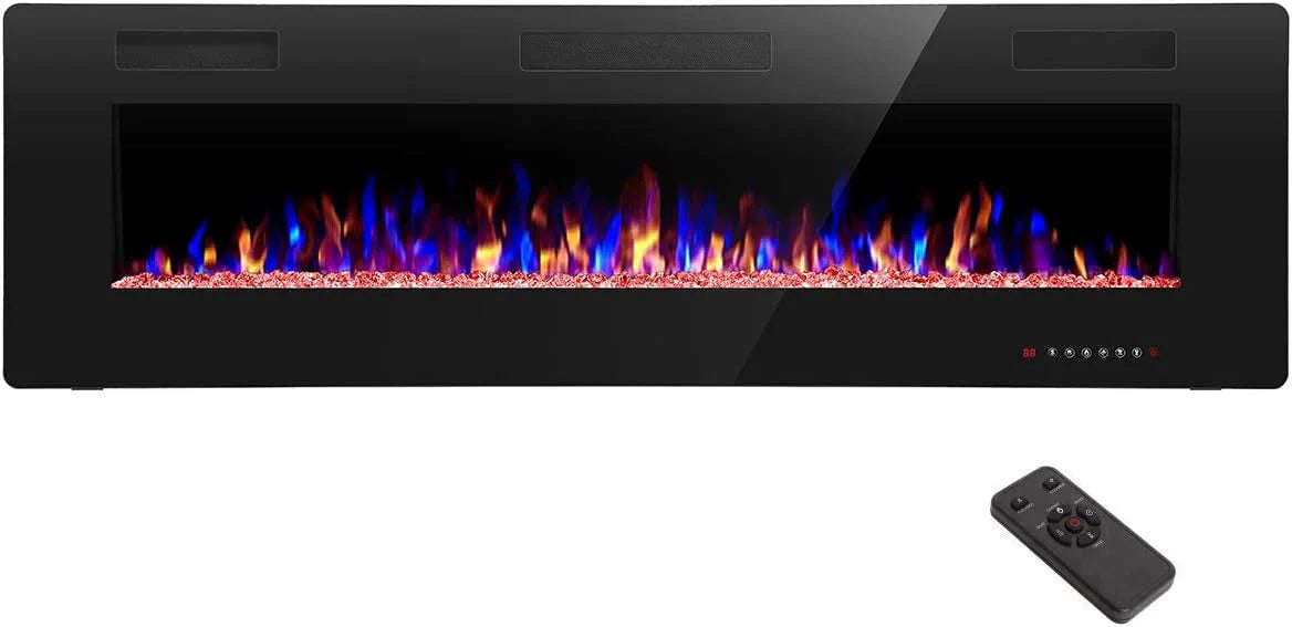 Cheminée électrique encastrée et murale R.W.FLAME 60 po, silencieuse, compatible avec les montants de 2 x 6 po, télécommande avec minuterie, écran tactile, couleur et vitesse de flamme réglables, 750-1500 W