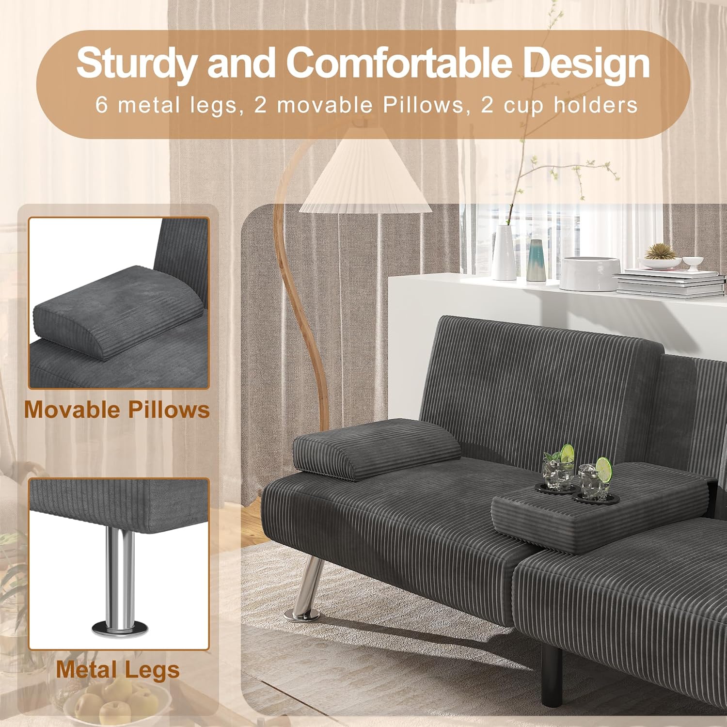 Canapé-lit futon convertible et pliable en lin moderne Shahoo avec accoudoirs amovibles, pieds en métal et 2 porte-gobelets pour le salon