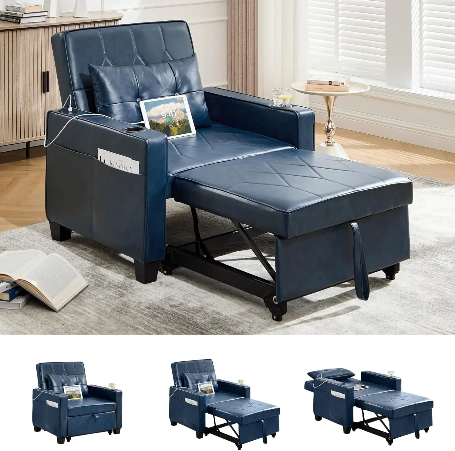 Fauteuil convertible pour adulte, canapé-lit gigogne 3 en 1 avec ports USB/Type-C, porte-gobelets, poches latérales, canapé simple