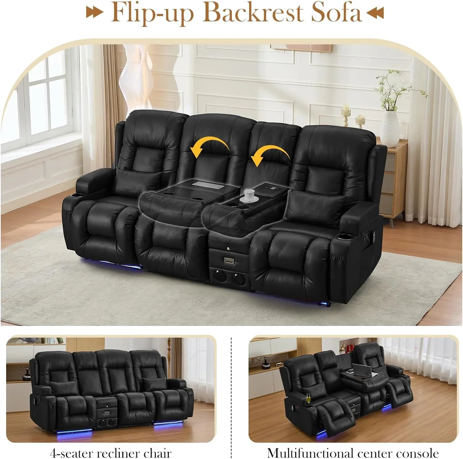 Canapé inclinable électrique TUNYI avec fonctions massage et chauffage, siège home cinéma avec console, canapé inclinable électrique pour camping-car