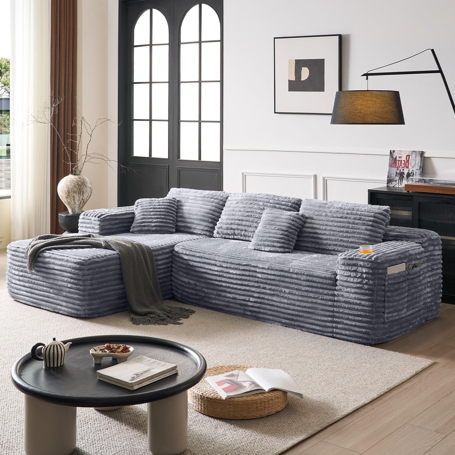 Cloud section sofa with L-shaped recliner, modern modular sofa, built-in cup holder