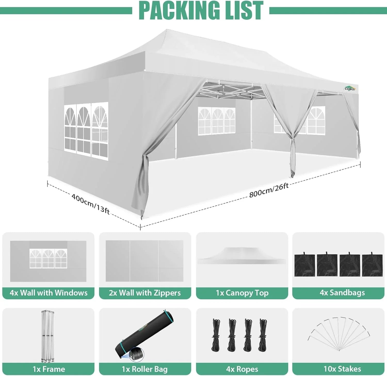 Tente pop-up robuste COBIZI 10x20 avec 6 parois latérales, facile à installer