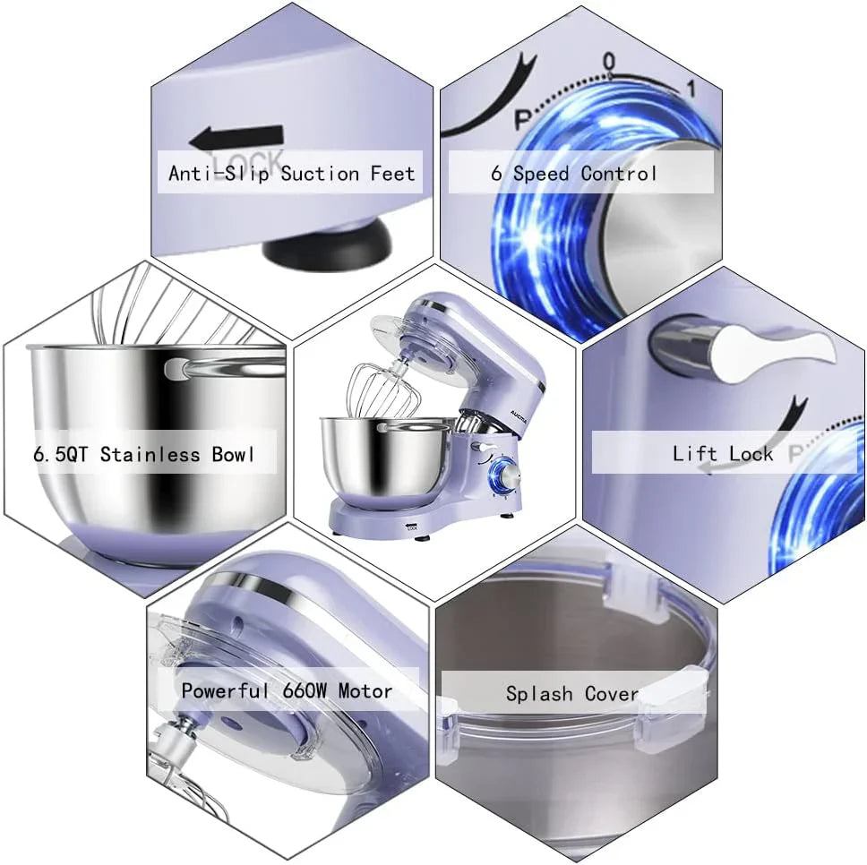 Batteur sur socle Aucma, 6,5 pintes, 660 W, 6 vitesses, tête inclinable, batteur électrique de cuisine avec crochet pétrisseur