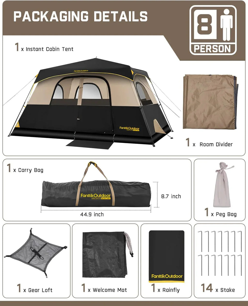 Tente de camping portable pour 4/6/8/10 personnes avec cabine instantanée et résistante à la pluie et au vent