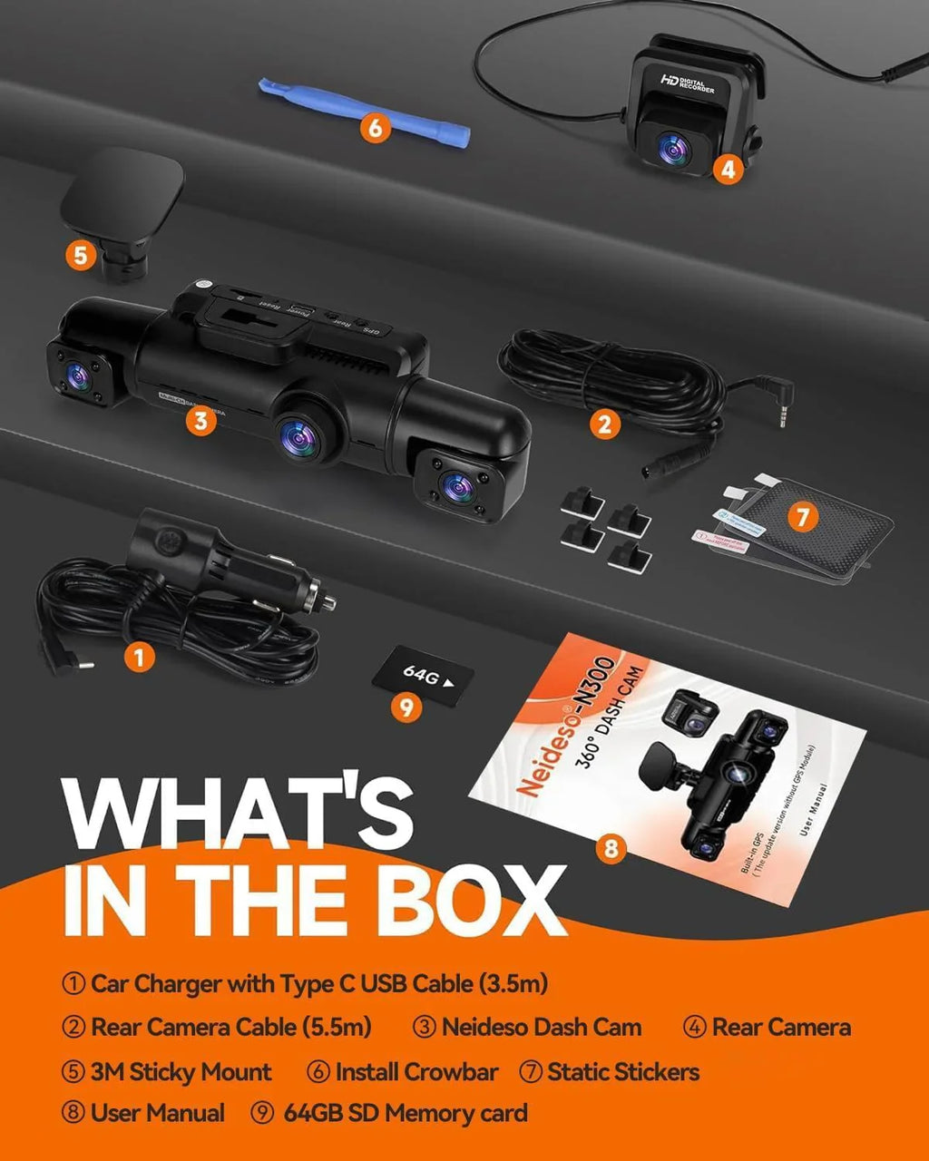 360° 4-kanaals FHD-dashcam (4 x 1080p), wifi, GPS, spraakbediening, 2K + 1080p dashcam aan de voorzijde (x2), met 64GB SD-kaart, nachtzicht, 24/7 parkeermodus 