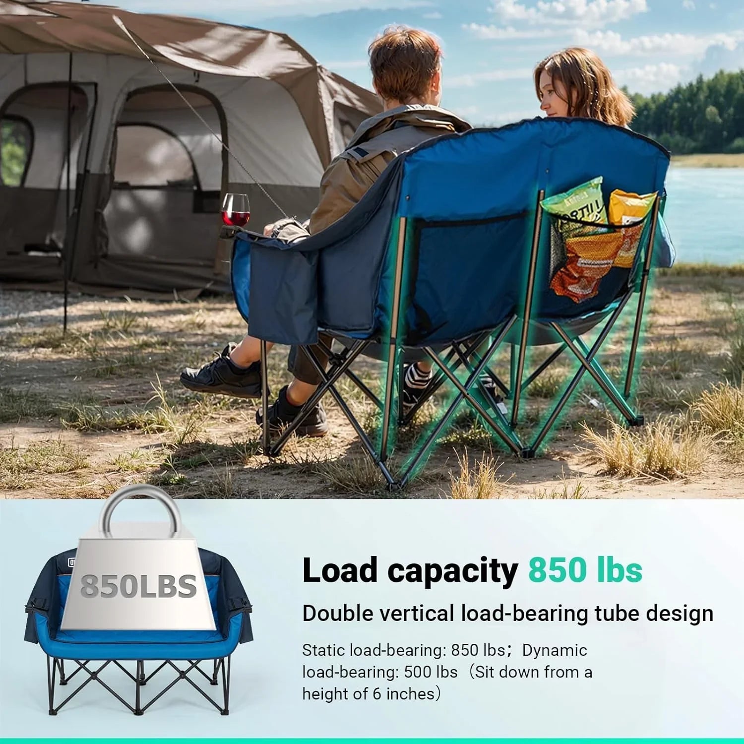 Chaise de camping double extra large - Canapé confortable pour 2 personnes, causeuse pour adulte - Chaise de jardin robuste