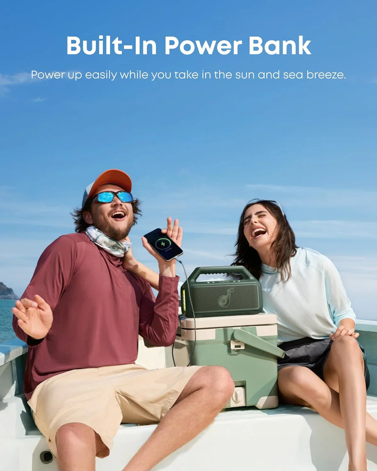 Enceinte d'extérieur, 80 W, caisson de basses, BassUp 2.0, autonomie de 24 heures, étanchéité IPX7, flotte, lumières RVB, USB-C